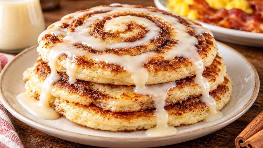 Stack of homemade Cracker Barrel Cinnamon Swirl Pancakes with brown sugar cinnamon filling and cream cheese icing.