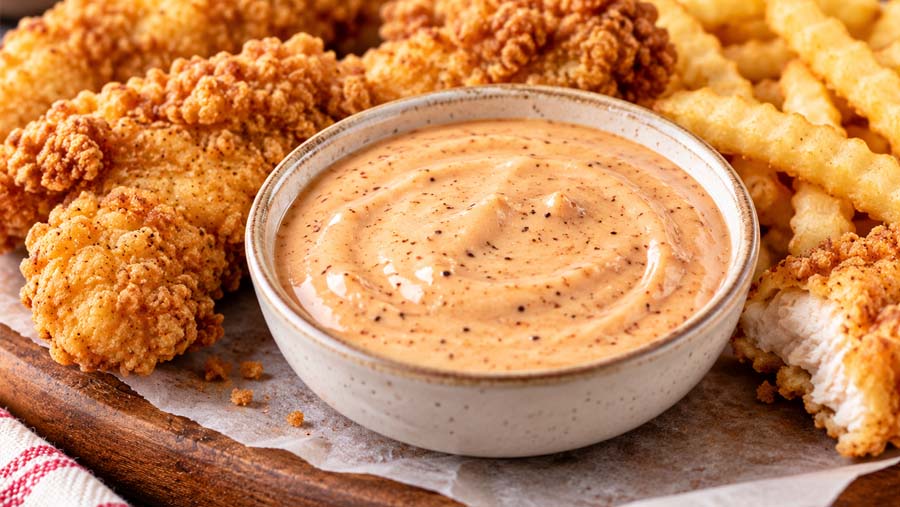 Homemade copycat Raising Cane's Sauce in a small bowl with crispy chicken tenders and golden French fries.